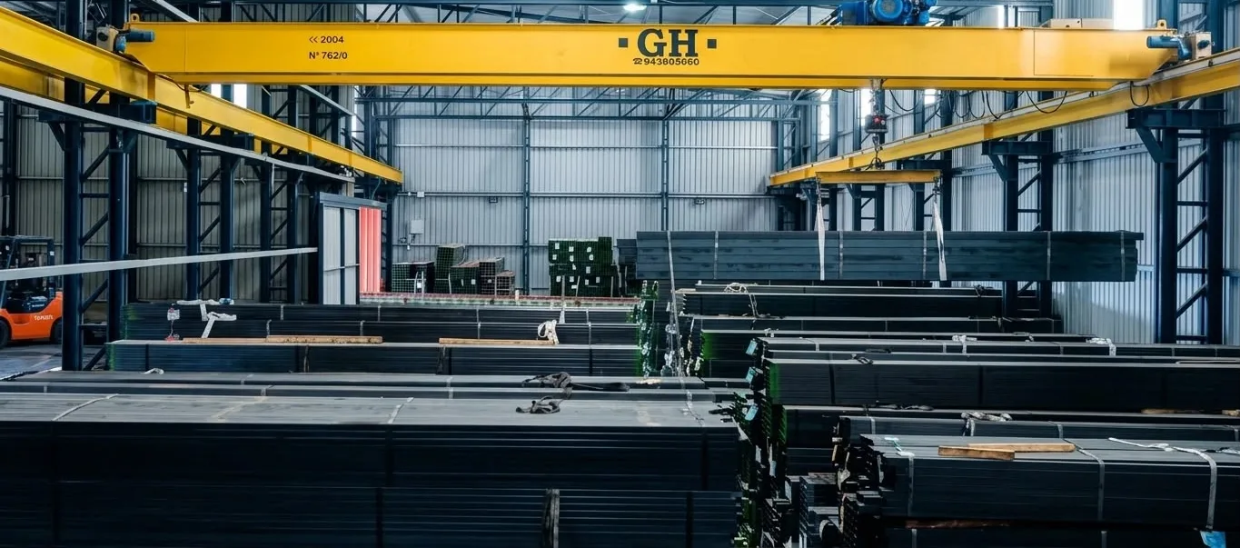 Nave del depósito con el puente grúa y paquetes de caños